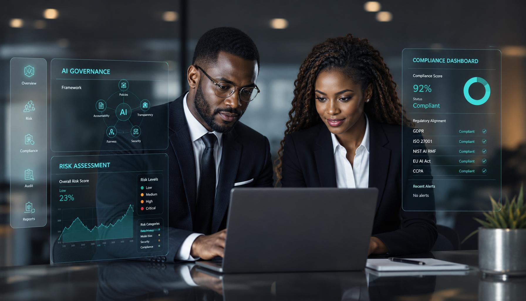 African professionals collaborating on AI governance, risk, and compliance dashboards